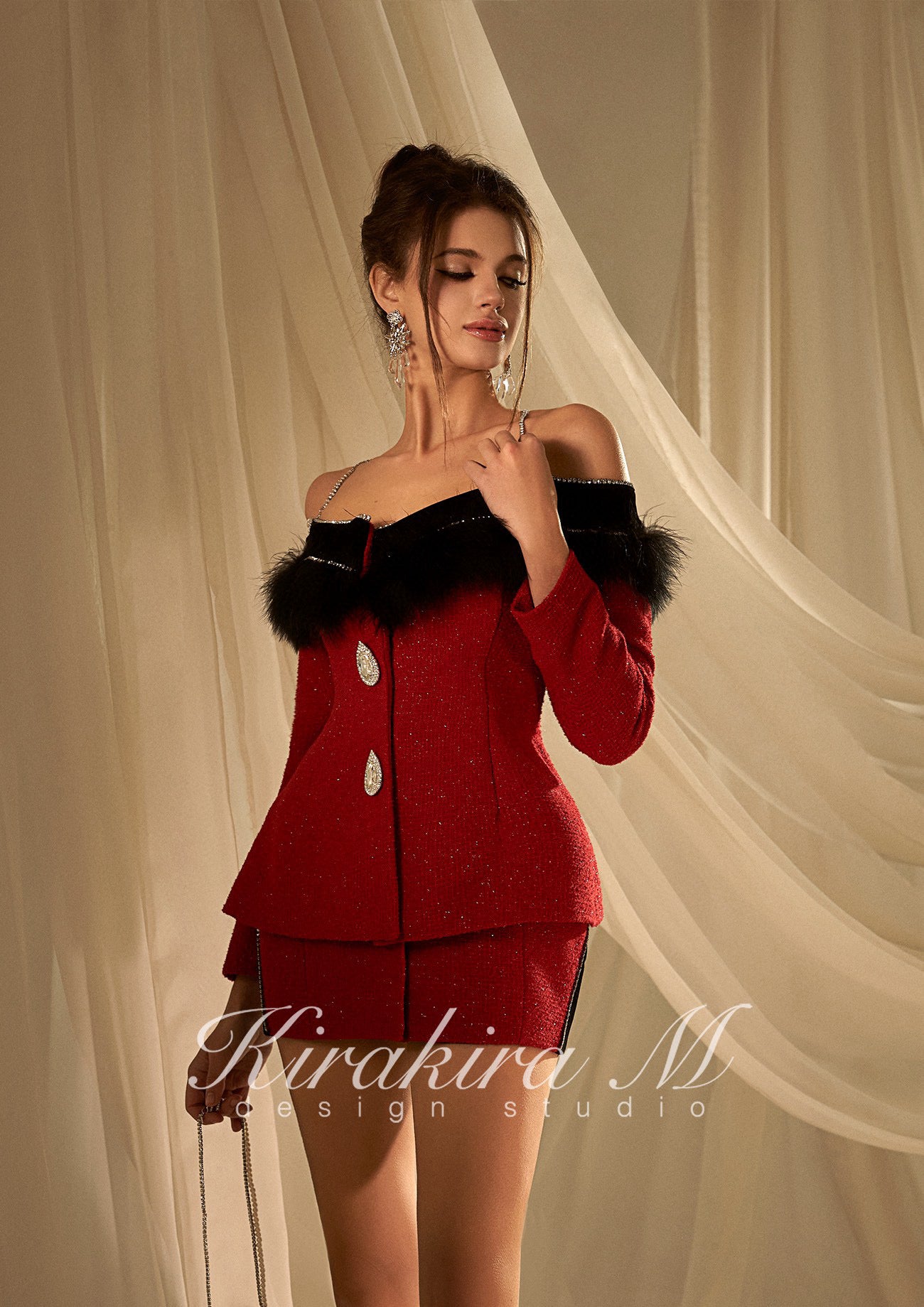 KIRAKIRA M Red tweed off shoulder coat mini dress with feather detail