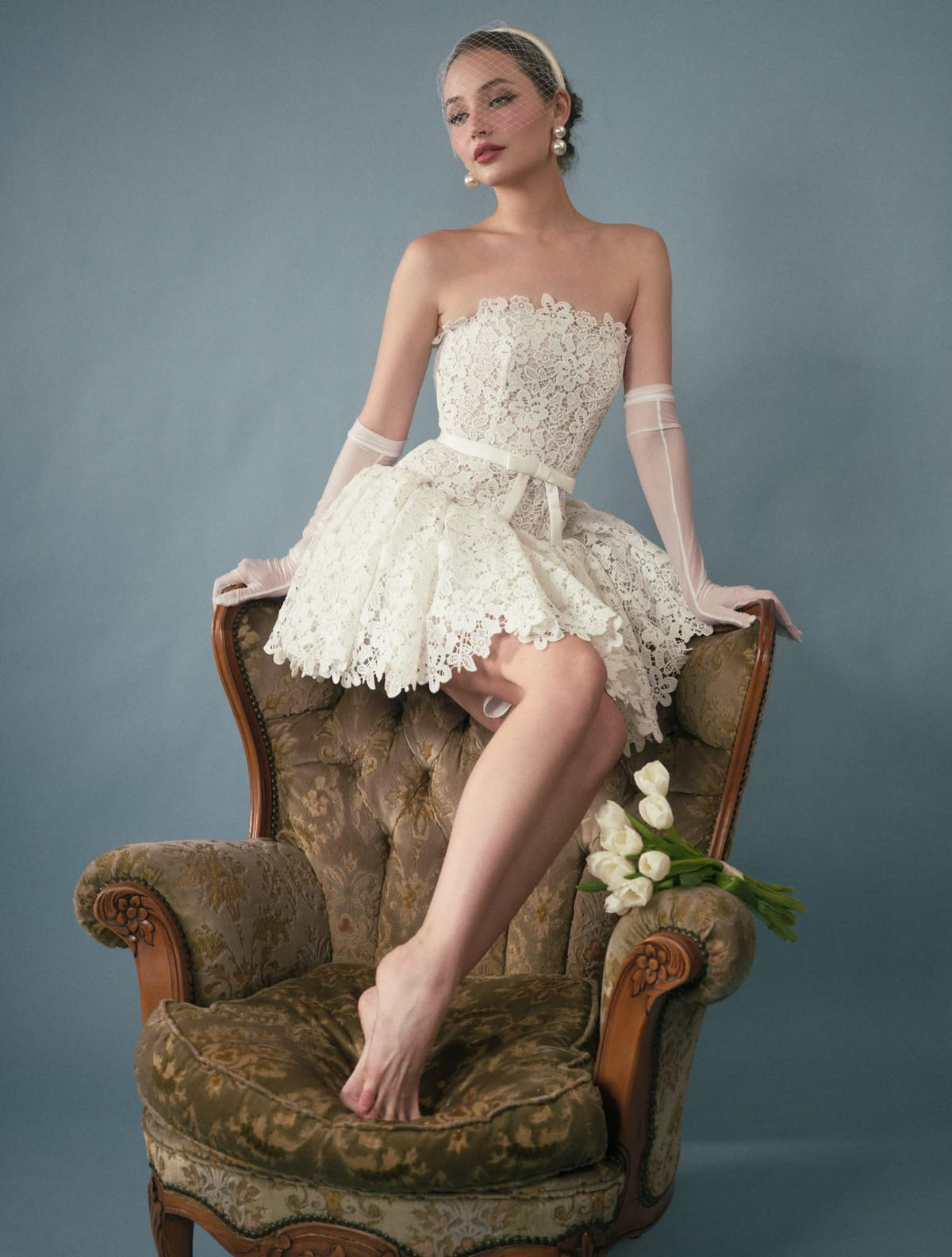 White Lace Bow Sweetheart Mini Dress