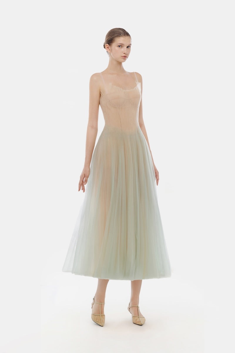 MONTSAND Green Corset Tulle Midi Dress