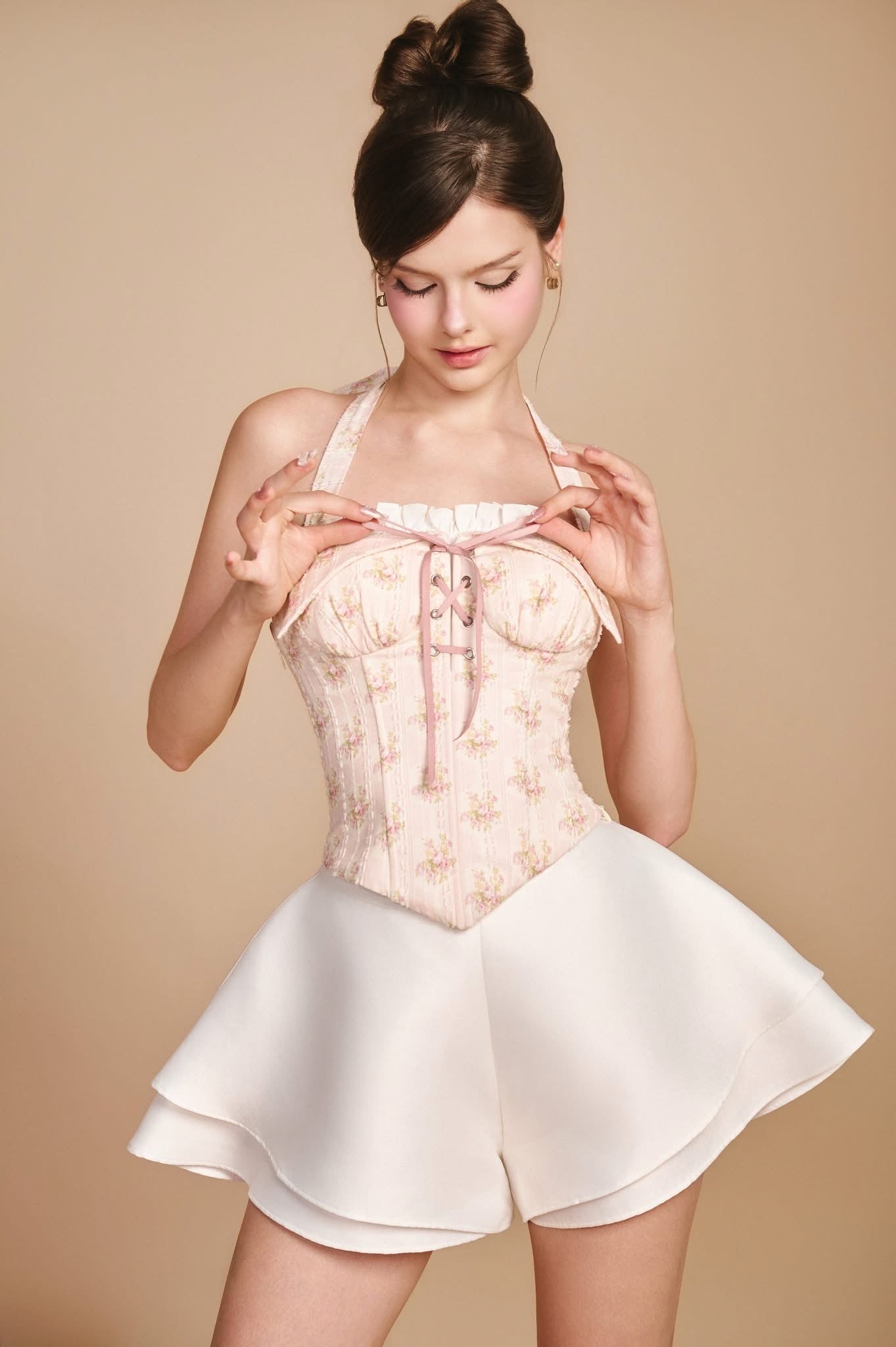 SISSY NATION Sweet Elegant Fairycore Pink French Lover Corset Top & White Bae Shorts