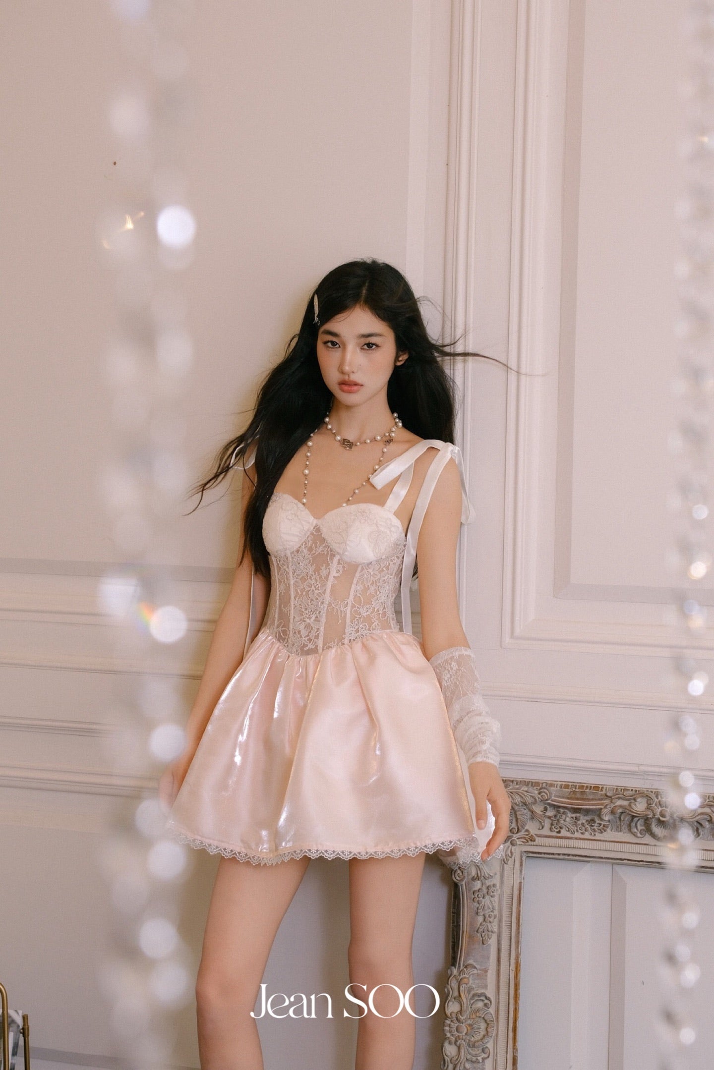 JEAN SOO Sweet Vacation Pink Lace Bow Mini Dress