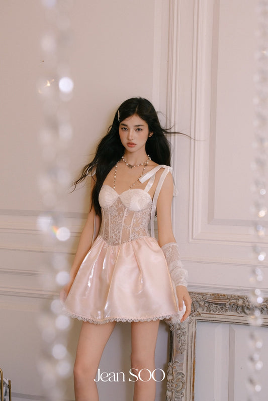 JEAN SOO Sweet Vacation Pink Lace Bow Mini Dress