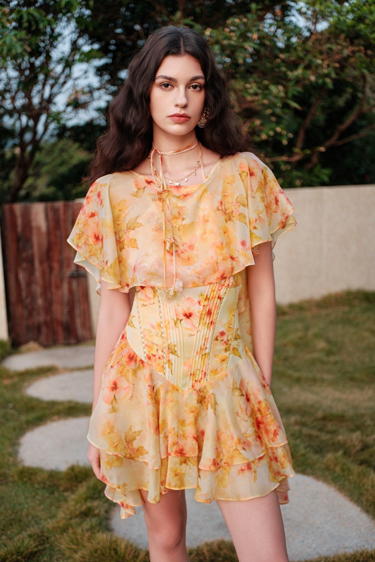 SHEERLUCK Sweet Vacation White Soffio Chiffon Printed Flowy Mini Dress