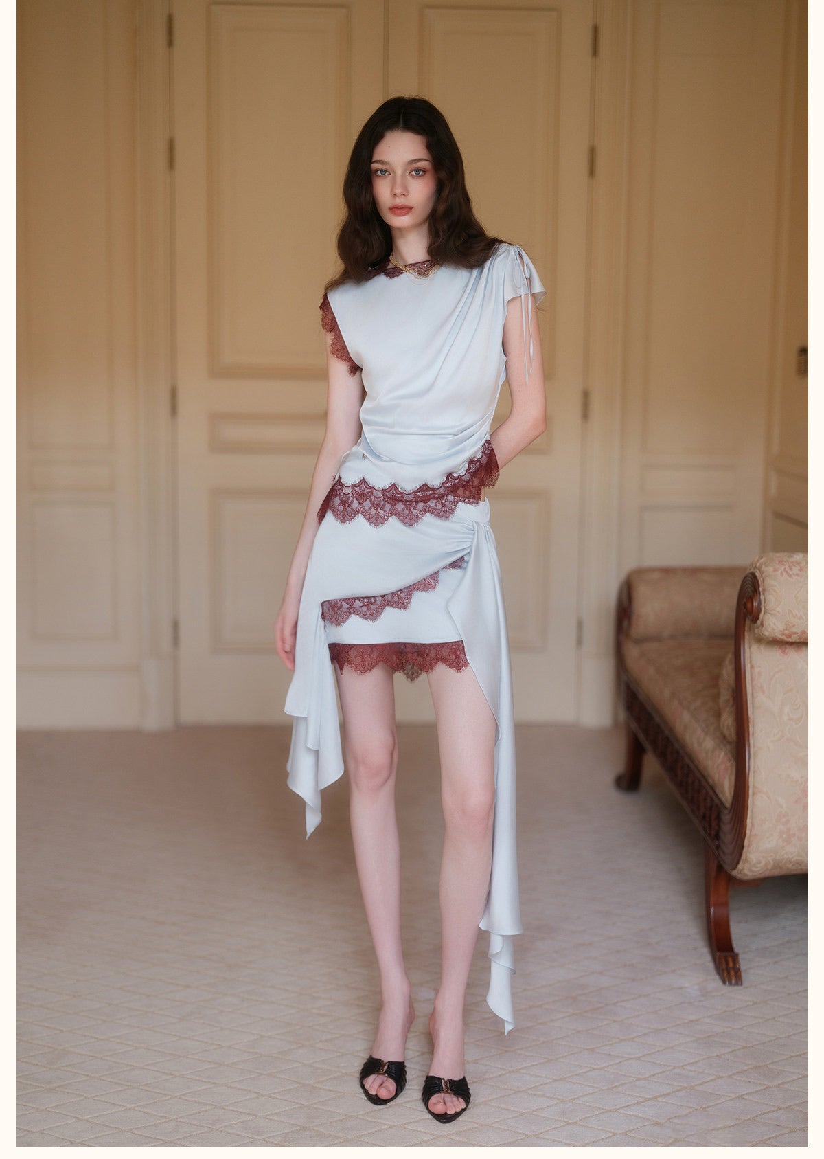 Blue Short-Sleeve Draped Satin Lace-Trim Twist Asymmetric Top & Mini Skirt