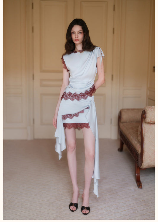 Blue Short-Sleeve Draped Satin Lace-Trim Twist Asymmetric Top & Mini Skirt