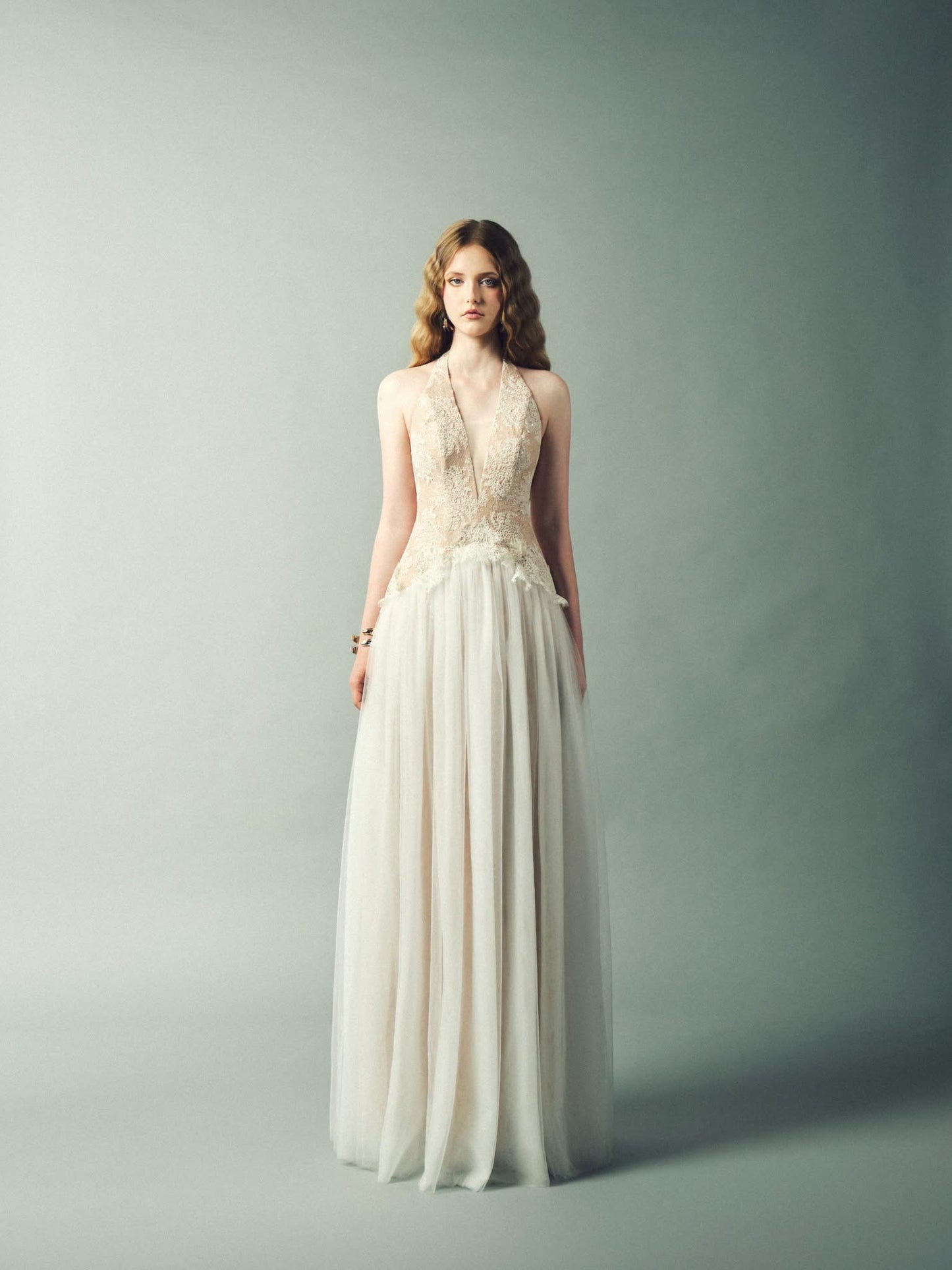 DELICIAE Cream Lace V-neck Camilla Maxi Dress
