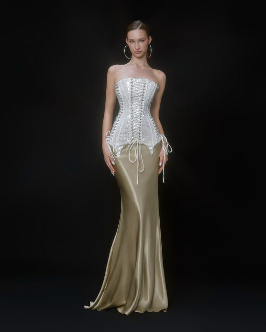 MAEL FEMME Sexy Vacation White Anok Top & Gold Moorael Skirt