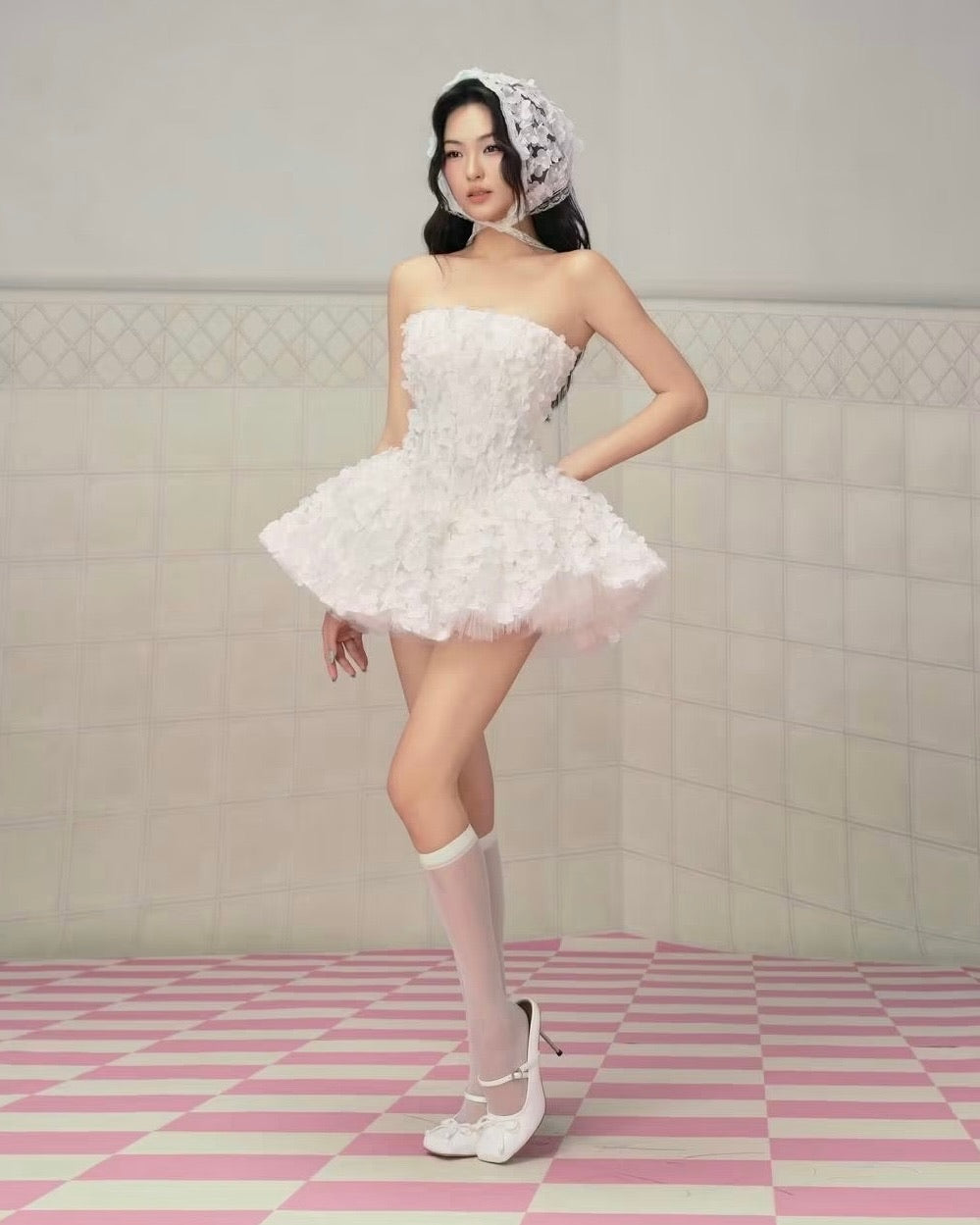 White Strapless 3D-Petal Puff Misa Mini Dress