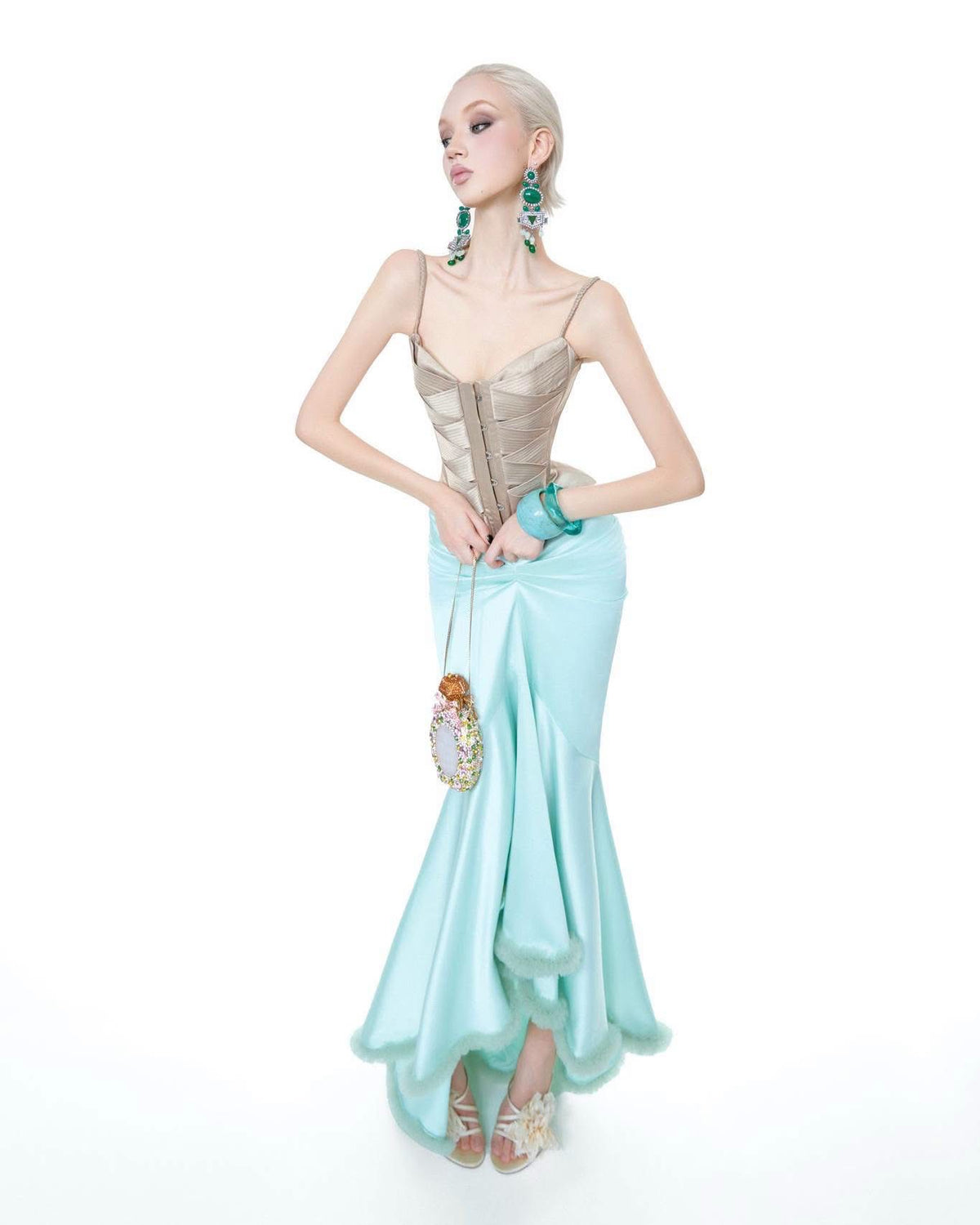 Sliver Sequin Halter Deep-V Fringe Daloe Top & Satin Twist Reinosa Maxi Skirt
