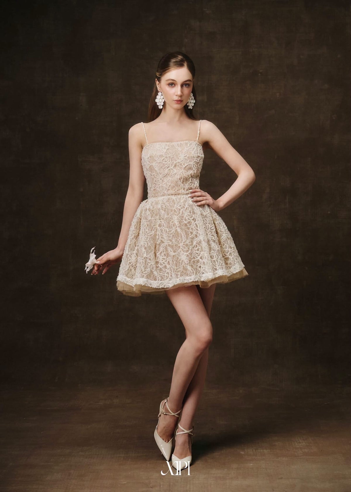 Cream Lace Pearl Straps Juliette Mini Dress