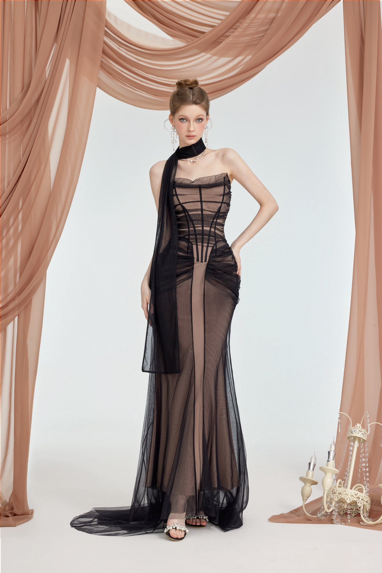 SHEERLUCK NUDE & BLACK MAXI VACATION DRESS