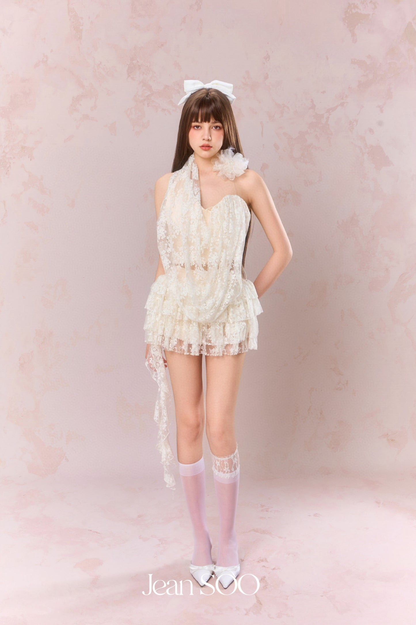 JEAN SOO Cream Neck-hanging Lace Irregular Top & Cake Skirt