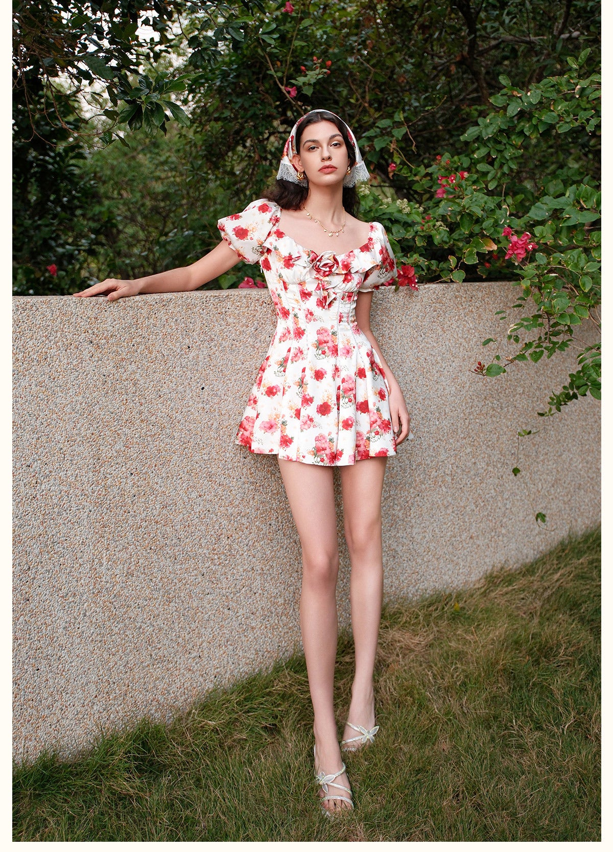 SHEERLUCK Red Floral Florette Vacation Mini Dress