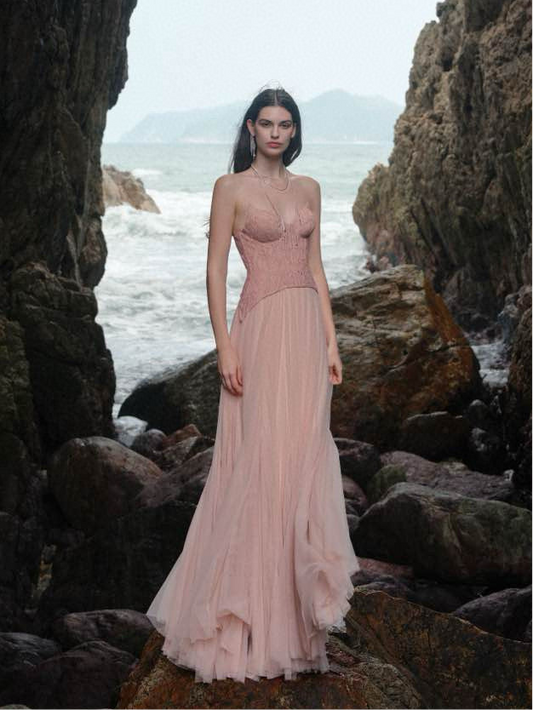 Pink Strapless Lace Corset Tulle Flowy Maxi Dress