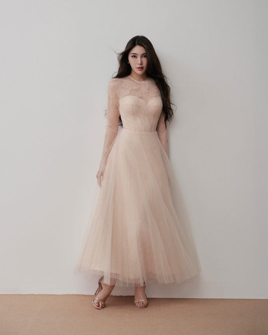 Pink Lace Tulle Long Sleeve Waisted Pleated Midi Dress