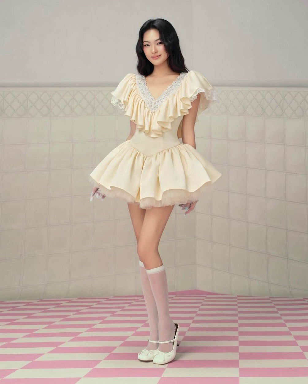 Yellow Puff-Sleeve V-Neck Lace Ruffle Puff Bellie Mini Dress