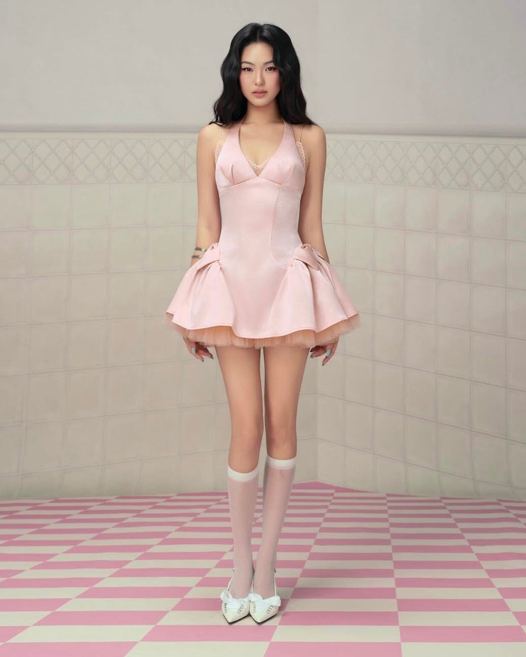Pink Halter V-Neck Bow Puff-Hem  Mila Mini Dress