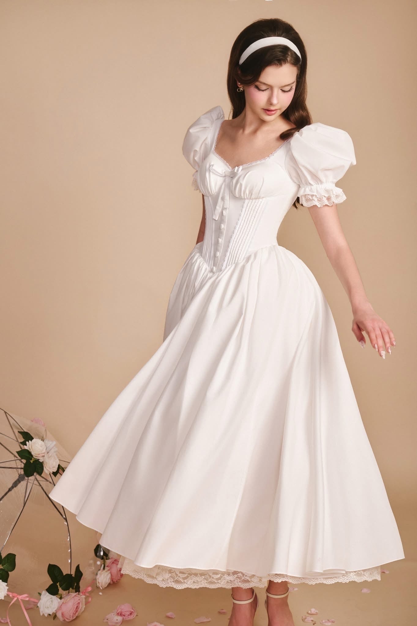 SISSY NATION Sweet Elegant Fairycore White Delina Corset Midi Dress
