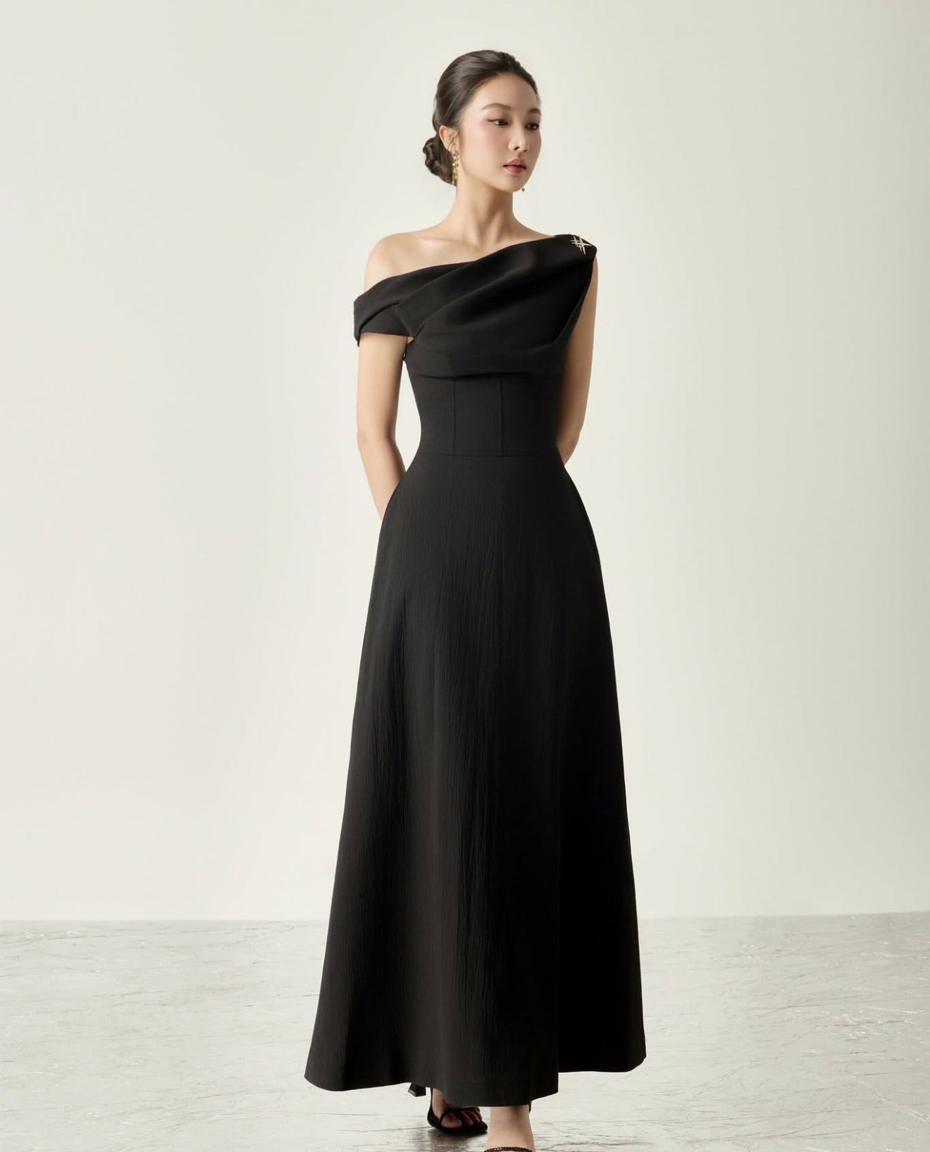 Black Charlotte Asymmetrical Flared Midi Dress