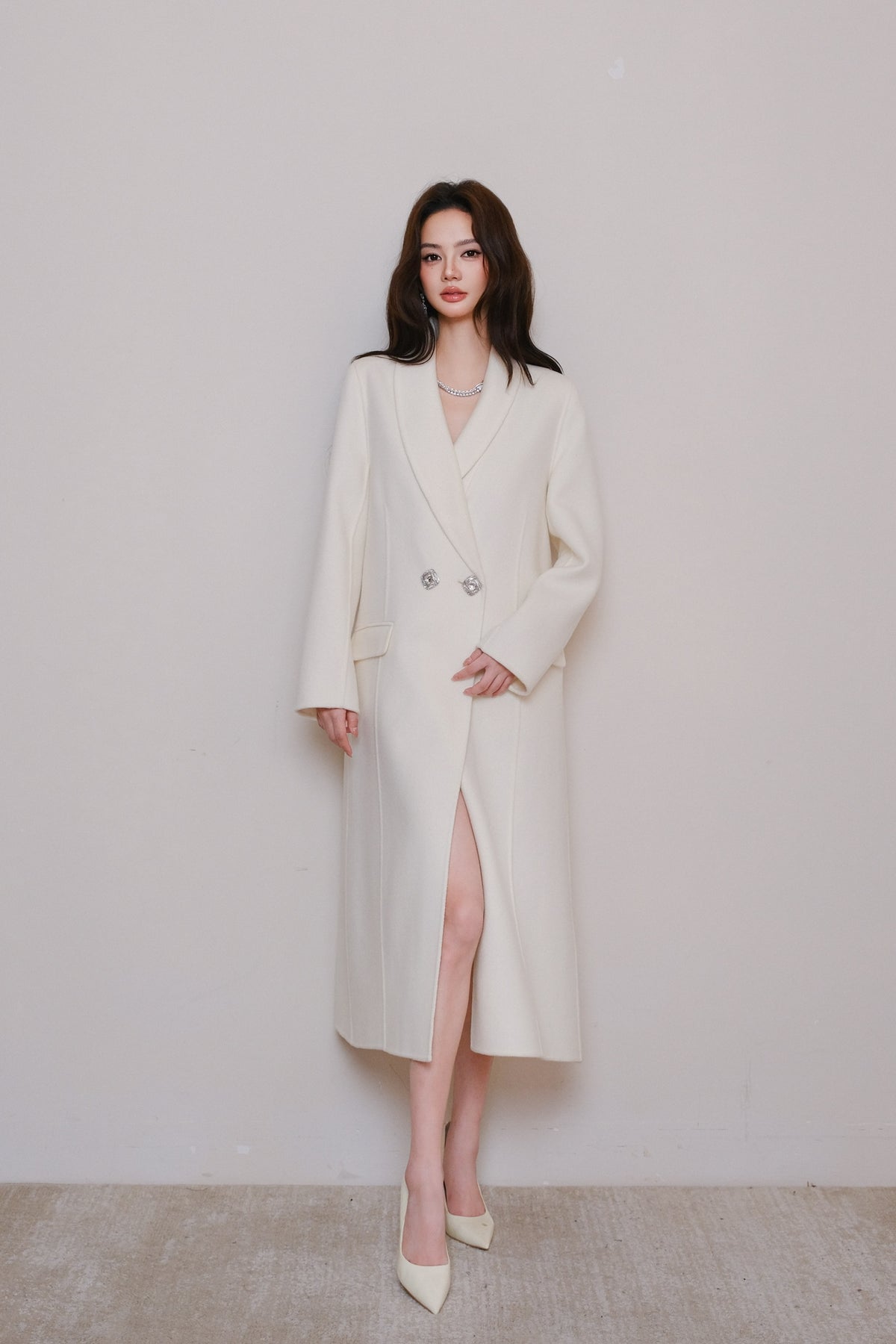 Maison Wester White Diamond Double-Peaked Tweed Long Coat