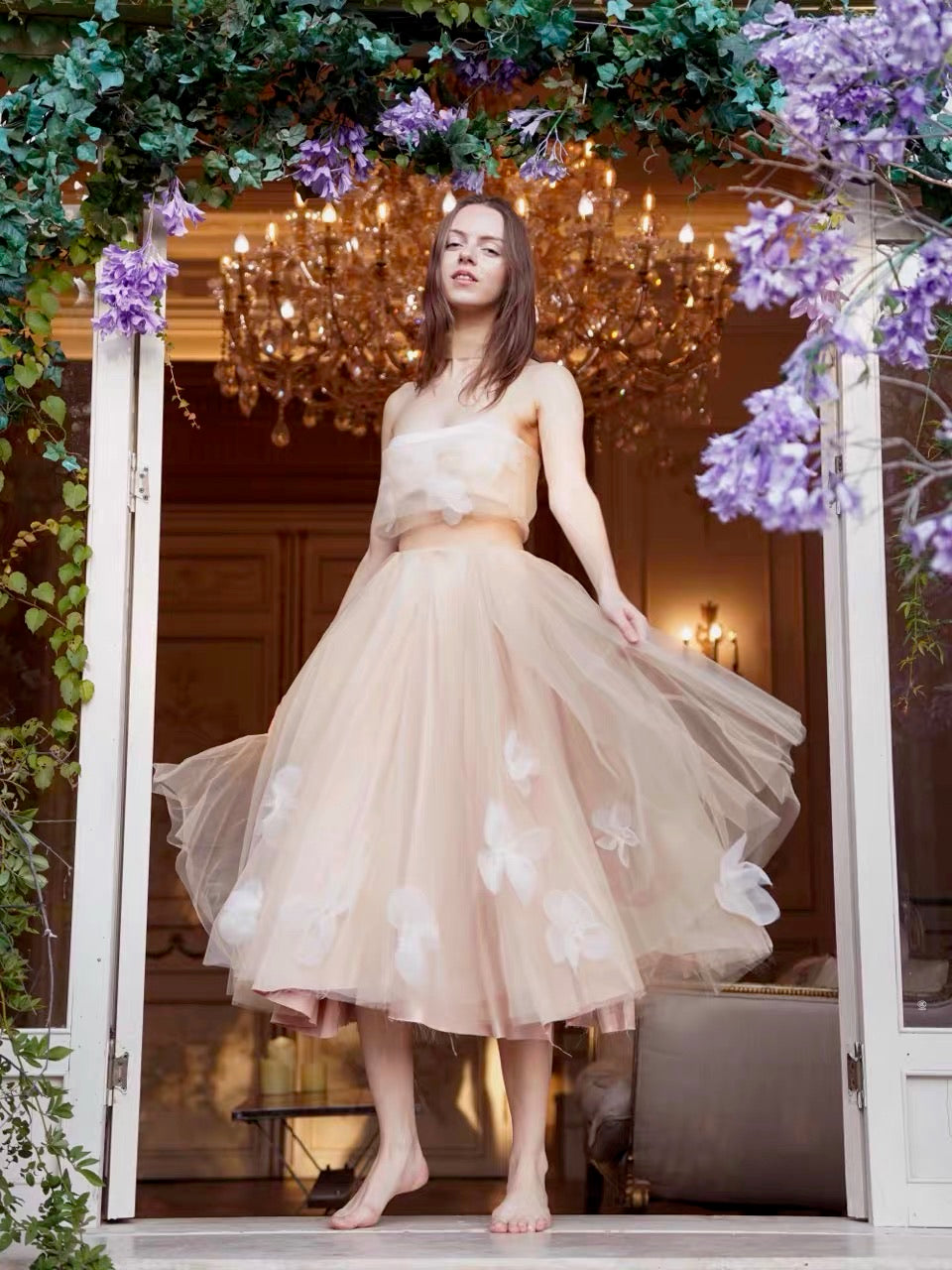 Nude Strapless 3D Floral Tulle Top & Midi Skirt