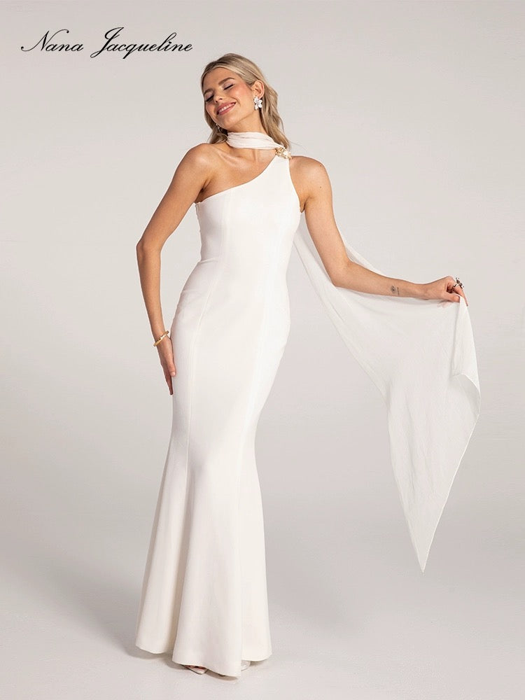 NanaJacqueline white ribbon with diagonal collar fish tail maxi dress