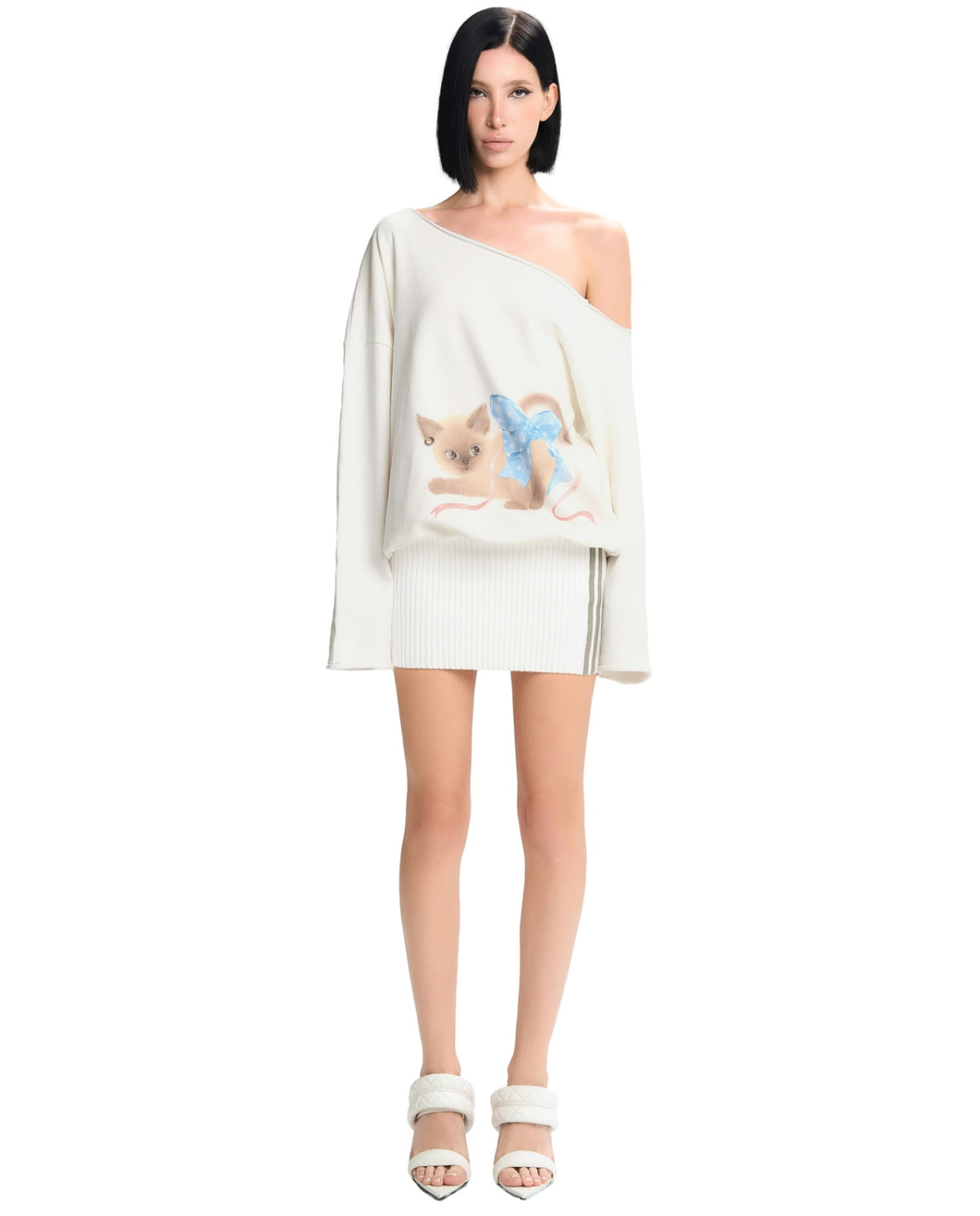 White Off-Shoulder Cat-Print Oversized Ling Mnii Dress