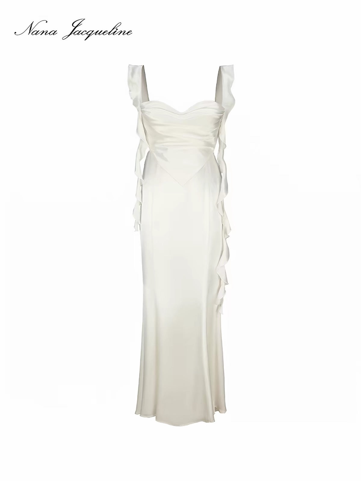 White Satin Mermaid Ruffle Strap Open-Back Willow Maxi Dress