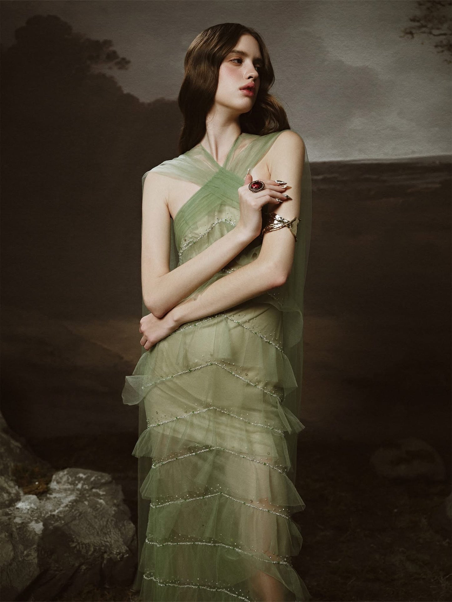 LINH PHUNG Green Sabrina Maxi Dress