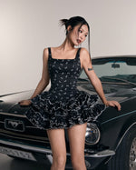 Black Floral Multi-Ruffle Corset Puff Mini Dress