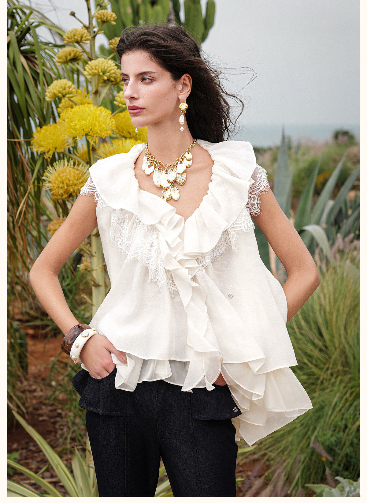 SHEERLUCK Vacation Fairycore White Ripple V-neck Top & Indigo Pants