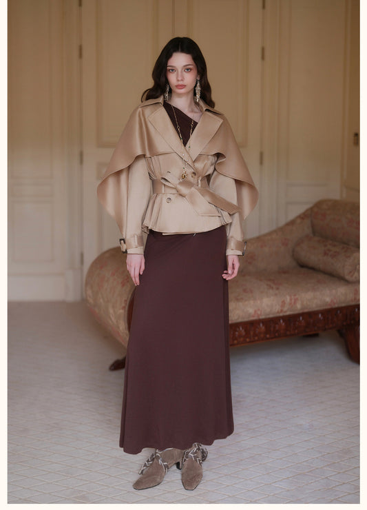 Brown Cape-Sleeve Cinched Cropped Jacket