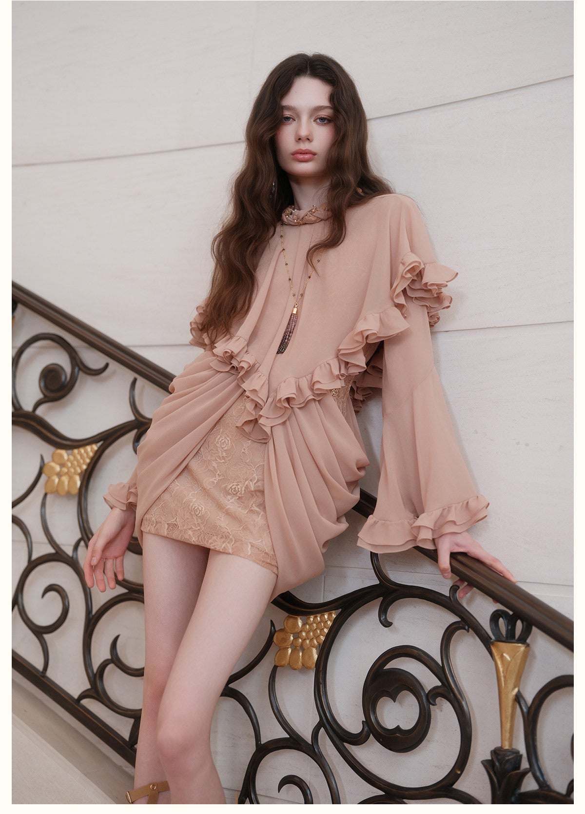 Black High-Neck Beaded Ruffle Bell-Sleeve Chiffon Overlay with Lace Mini Dress