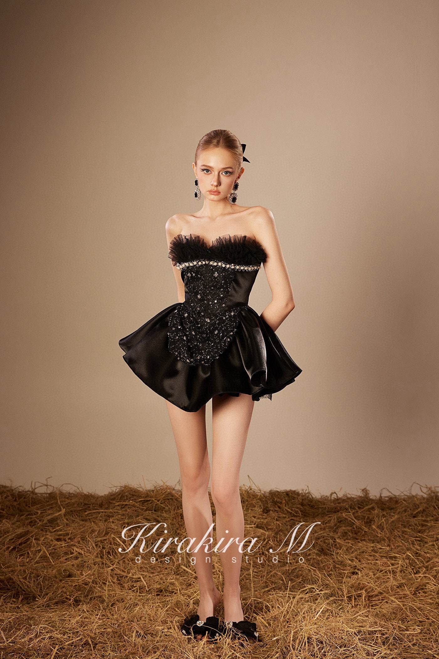 KIRAKIRA M Black Sheath Beaded Princess Mini Dress (Free Pumpkin Pants + Bow Hair Accessories)