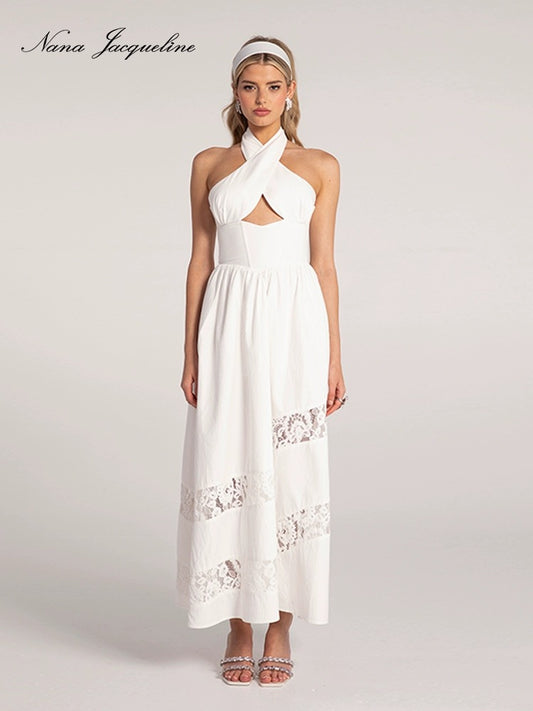 Nana Jacqueline white cross-halter cutout maxi dress