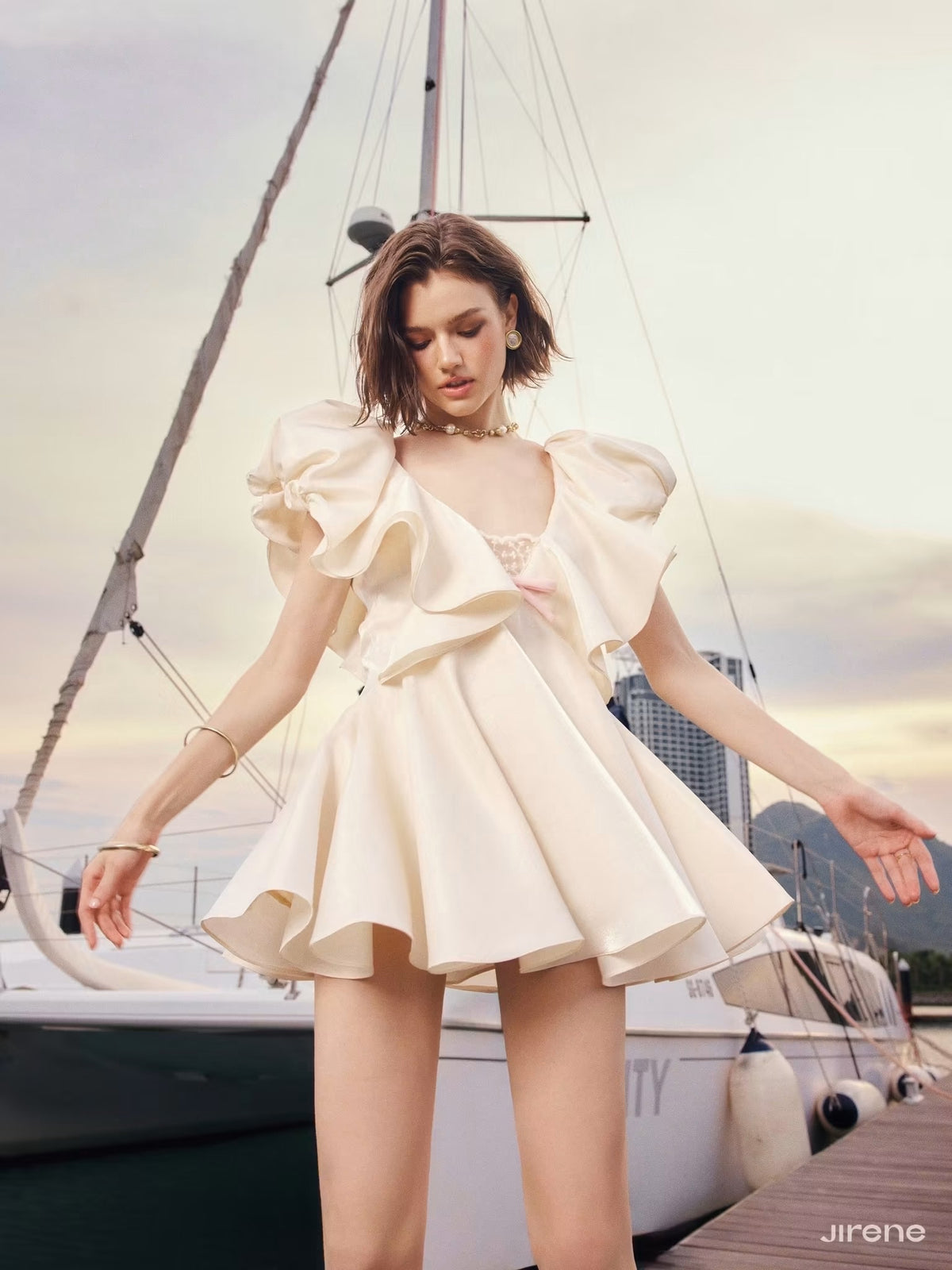 Cream Ruffled-edge Bow Lucia Mini Dress