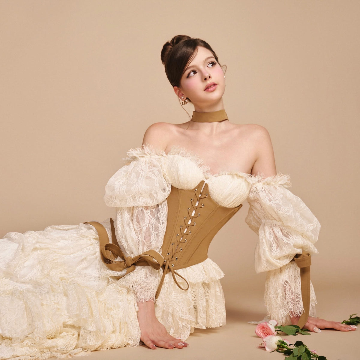 Cream Brown Coco Mademoiselle Corset Maxi Dress Set