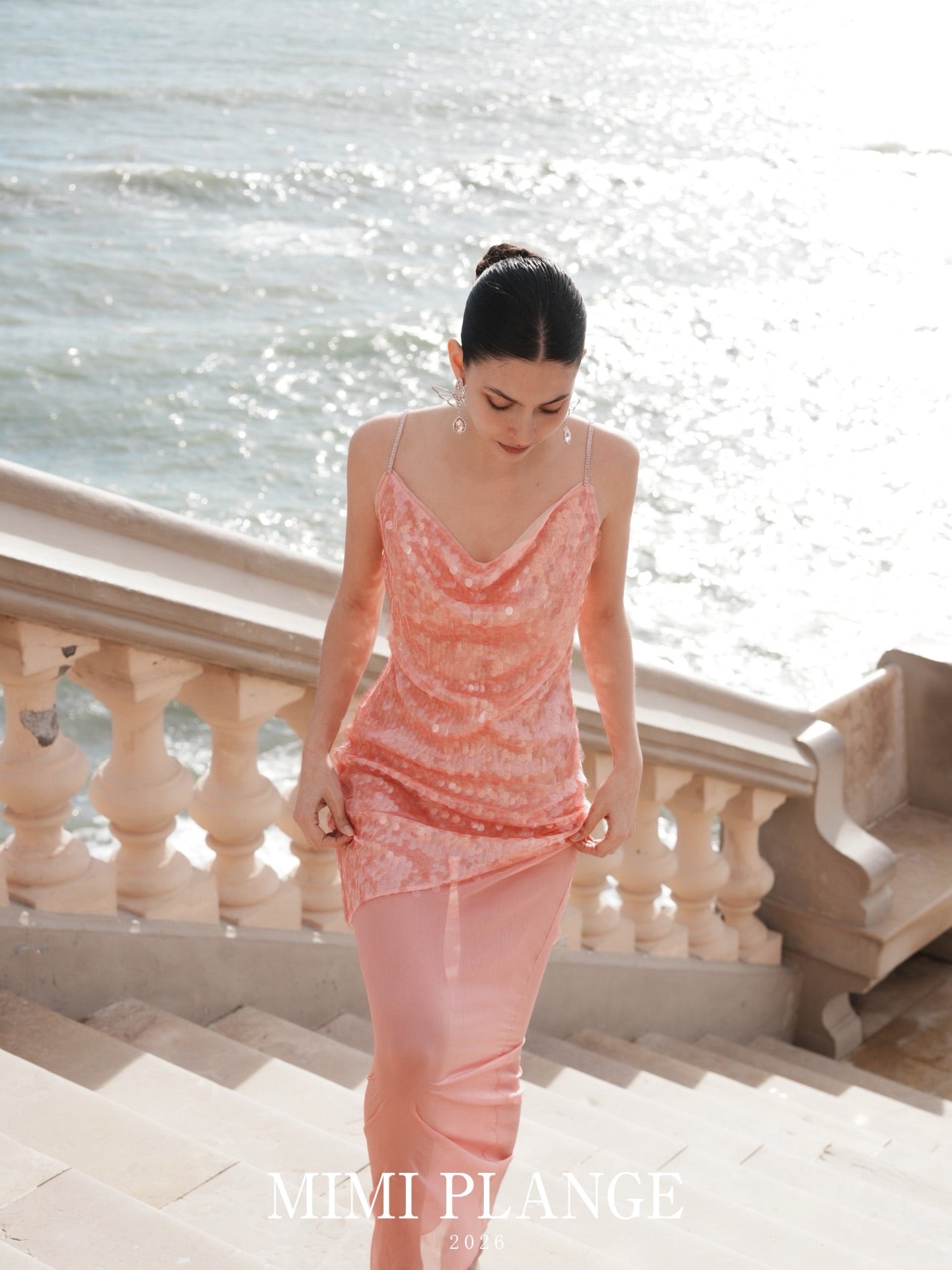 MIMI PLANGE Vacation Sweet Sequins Pink Maxi Dress