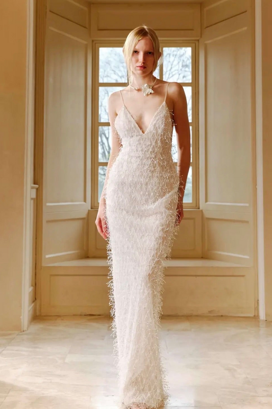 White Thin Strap Feather‑Texture V‑Neck Bodycon Maxi Dress