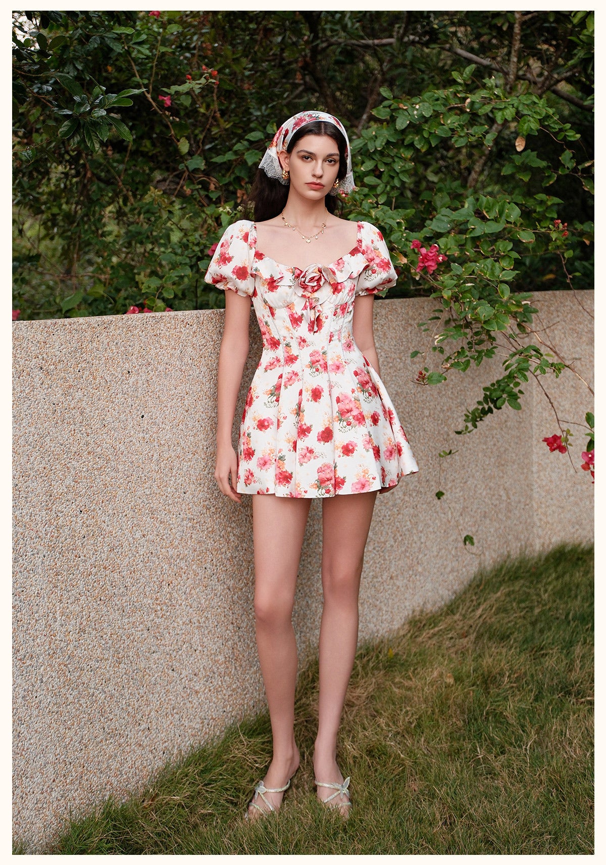 SHEERLUCK Red Floral Florette Vacation Mini Dress