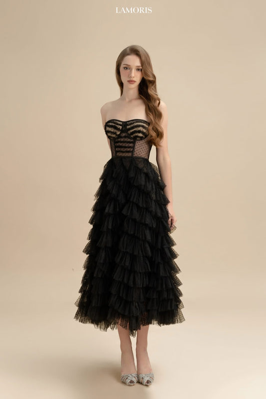 LAMORIS Black Layer Mesh Velvet Midi Dress