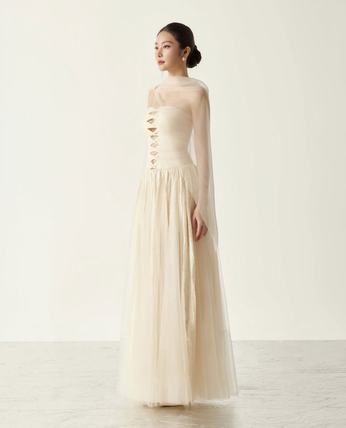 Cream Elizabeth Strapless Lace Mesh Maxi Dress