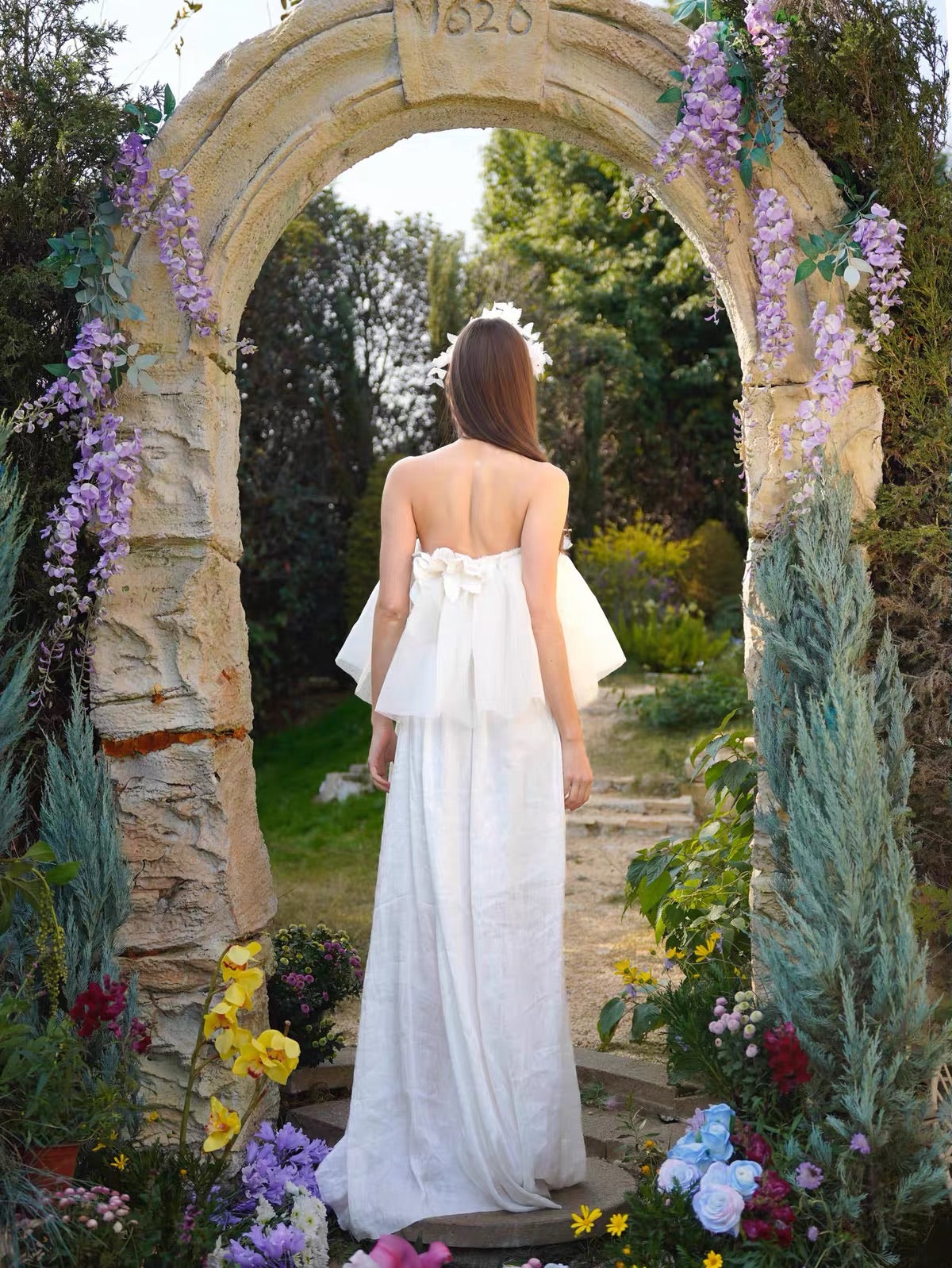 White Off Shoulder 3D Floral Linen Maxi Dress