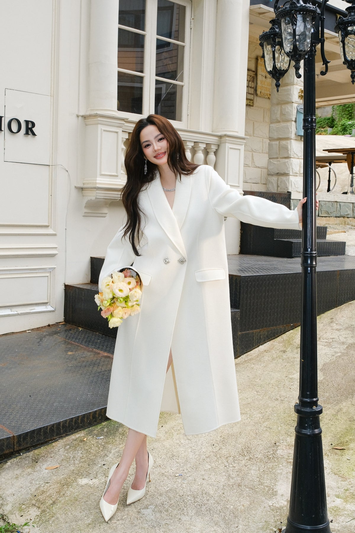 Maison Wester White Diamond Double-Peaked Tweed Long Coat