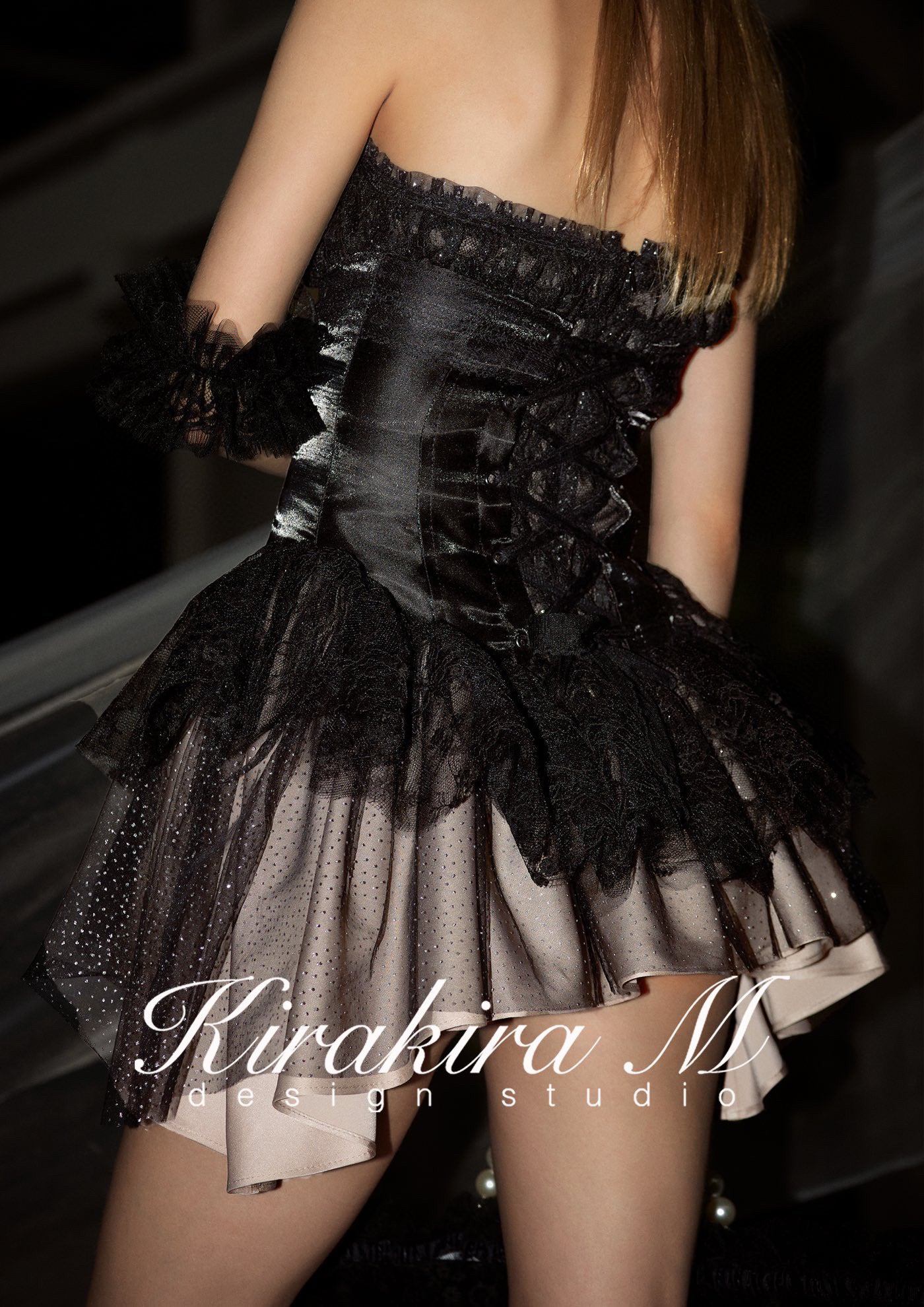 kirakira M Black Lace Waistband mini Dress