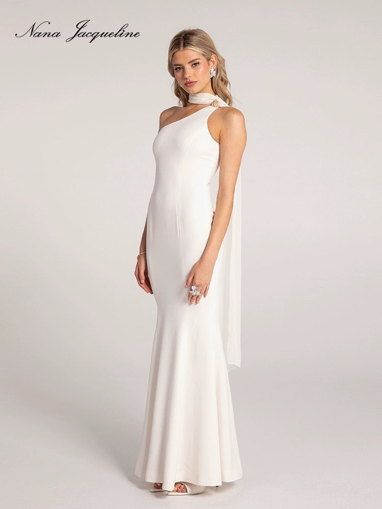 NanaJacqueline white ribbon with diagonal collar fish tail maxi dress