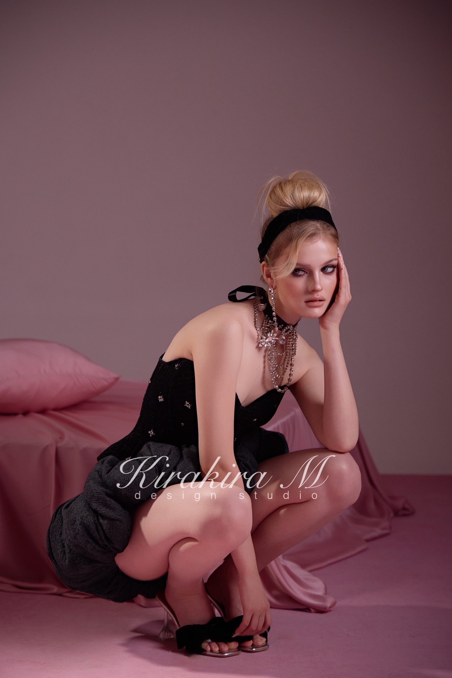 KIRAKIRA M Black Lightweight Quilted Beaded Top & Knitted Low-Waisted Bubble Skirt & Short