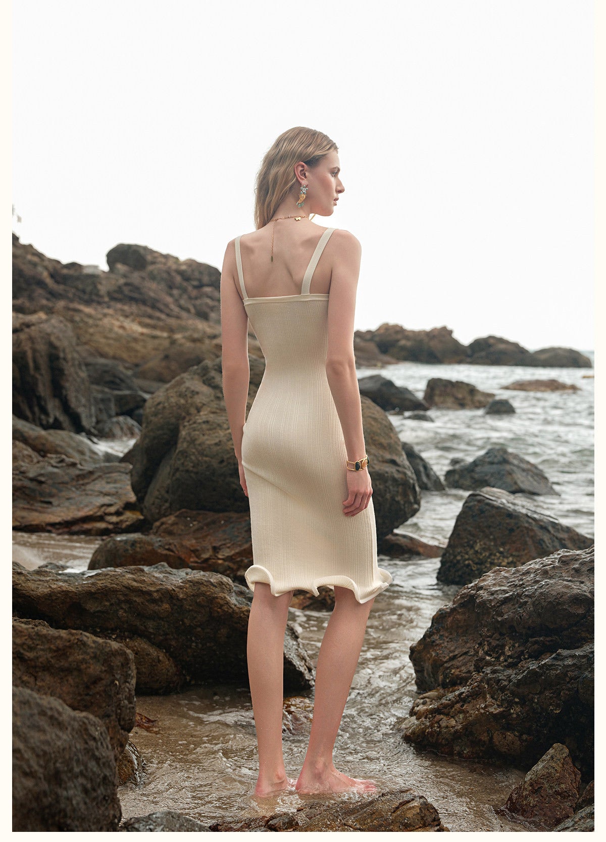Sheerluck Elegant Vacation Cream Sculpt Bow Midi Dress