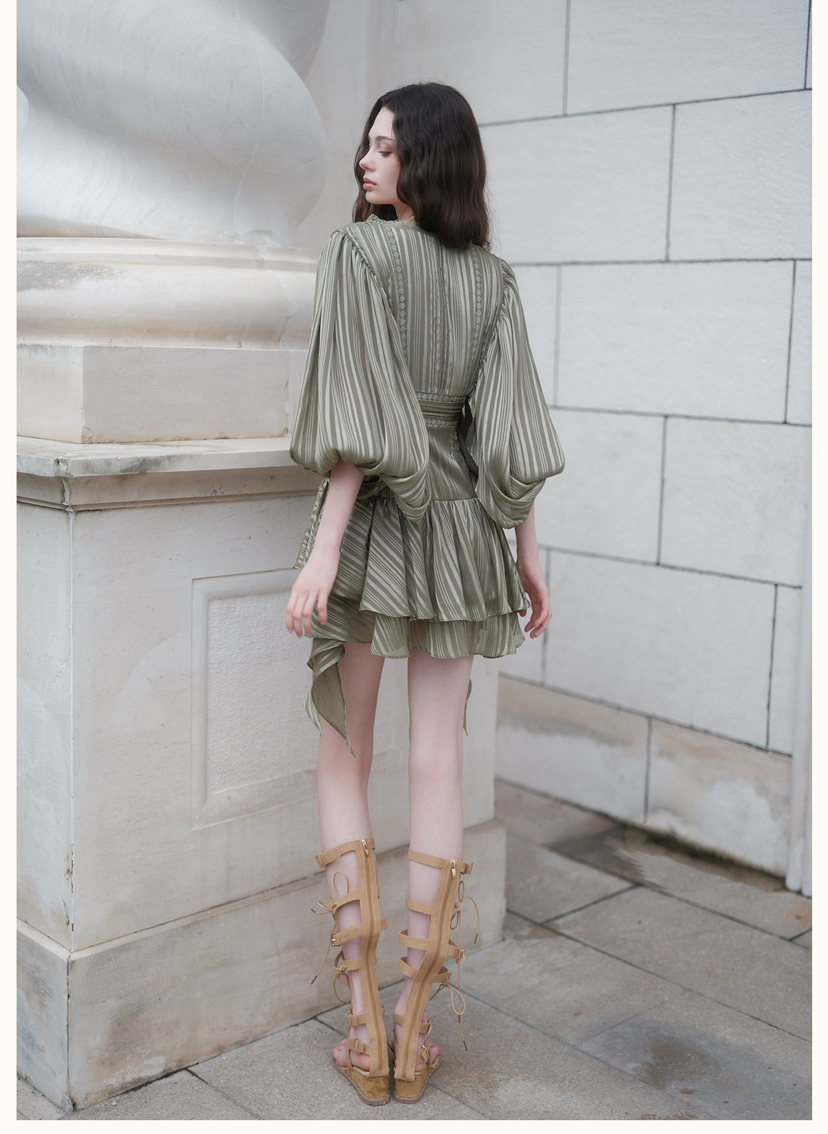 Green Striped Satin Lantern-Sleeve V-Neck Bow Tiered Mini Dress