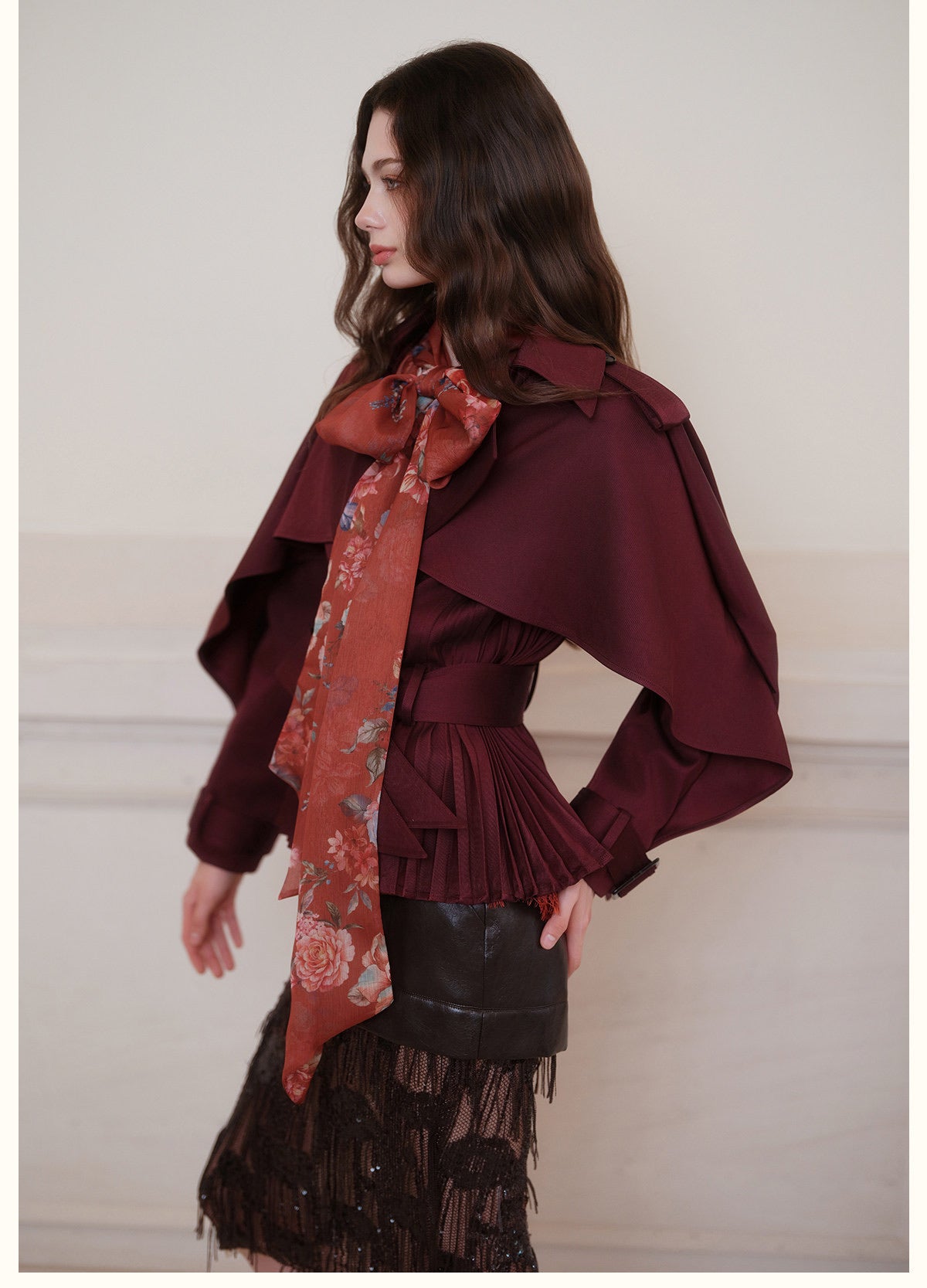 Red Cape-Sleeve Cinched Cropped Jacket